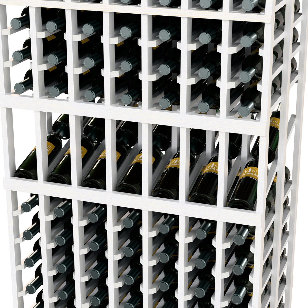 White wine display rack close-up with bottle storage rows and frames