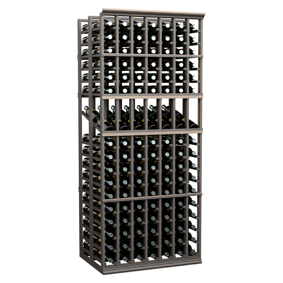 7-column double deep wine display rack with glass bottle storage, dark frame, 6 ft tall