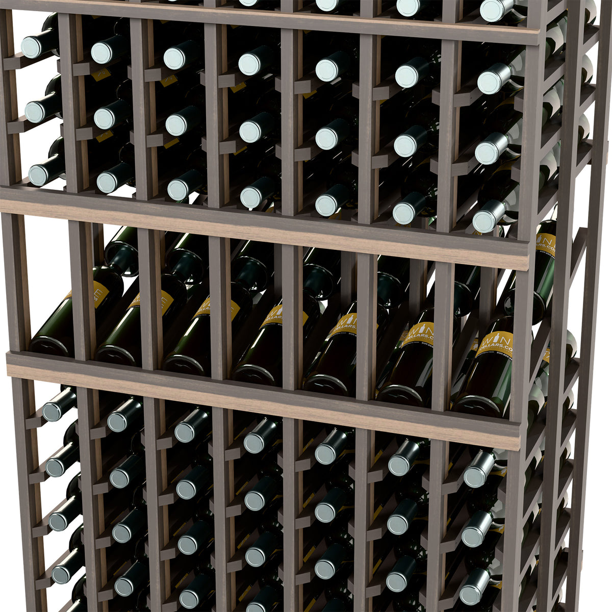 Close-up of wine display rack: bottles stored in rows with circular bottle supports
