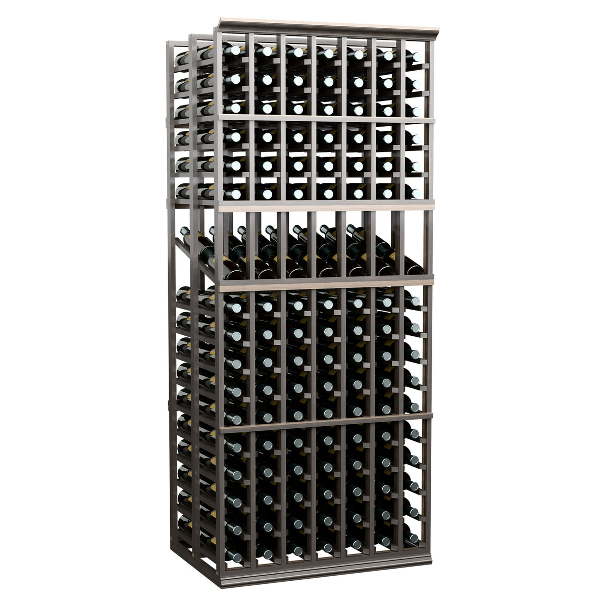 7-column double deep wine display rack with bottle storage, dark frame and grid, 6 ft