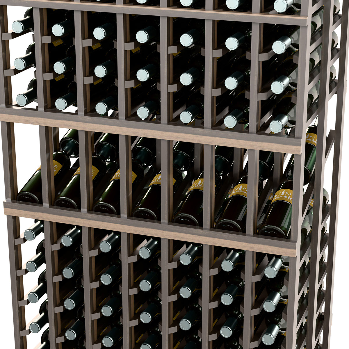 Close-up of dark wine rack showing rows of bottles and horizontal wooden rails