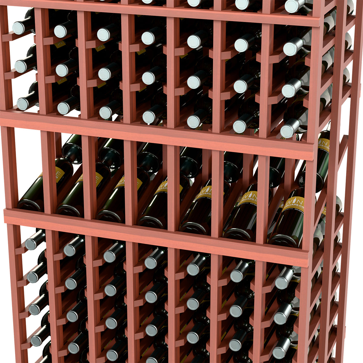 Close-up of red-brown wine rack with rows of bottles and circular bottle holders
