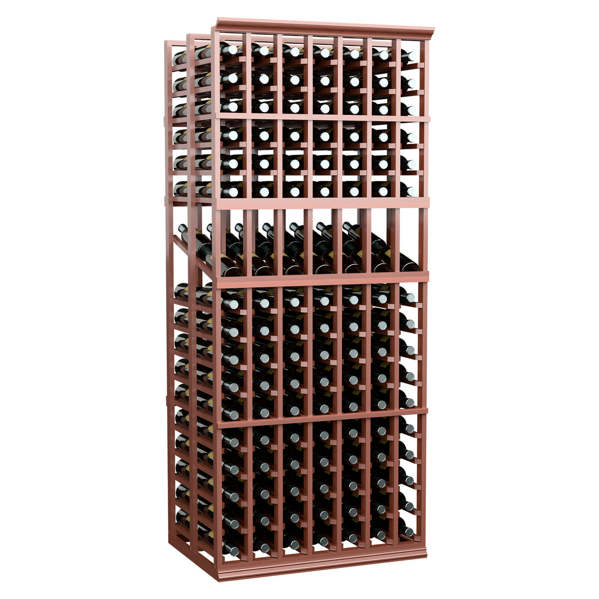 7-column double deep wine display rack with bottle storage, red-brown frame, grid design