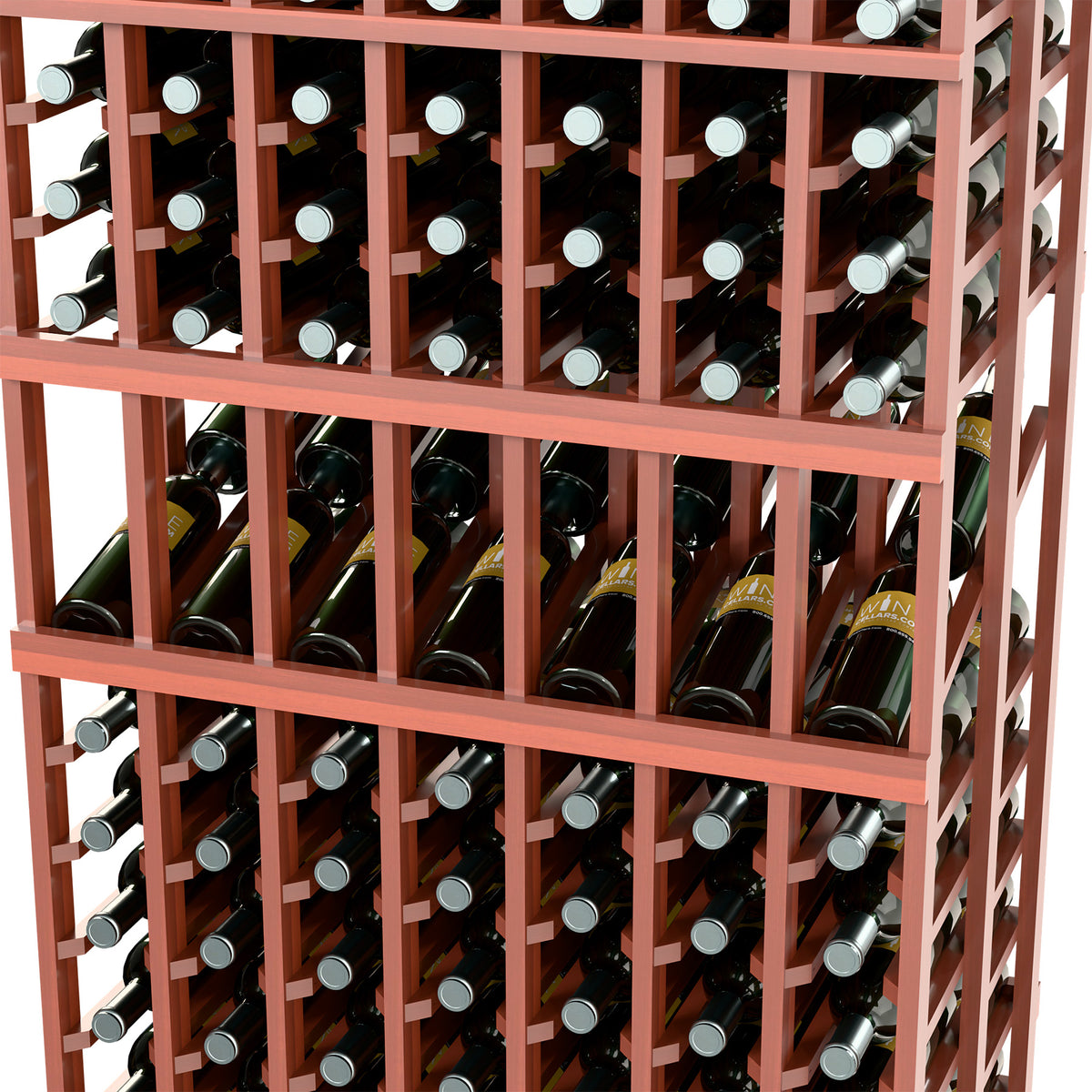 Close-up view of red-brown wine rack shelves with bottles in organized rows