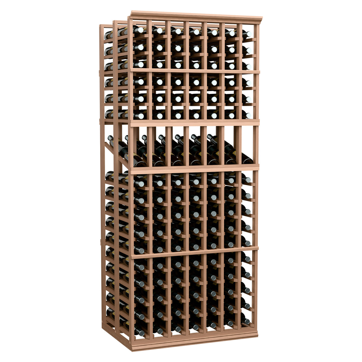 7-column double deep wine display rack with bottle storage, light wood frame, 6 ft tall