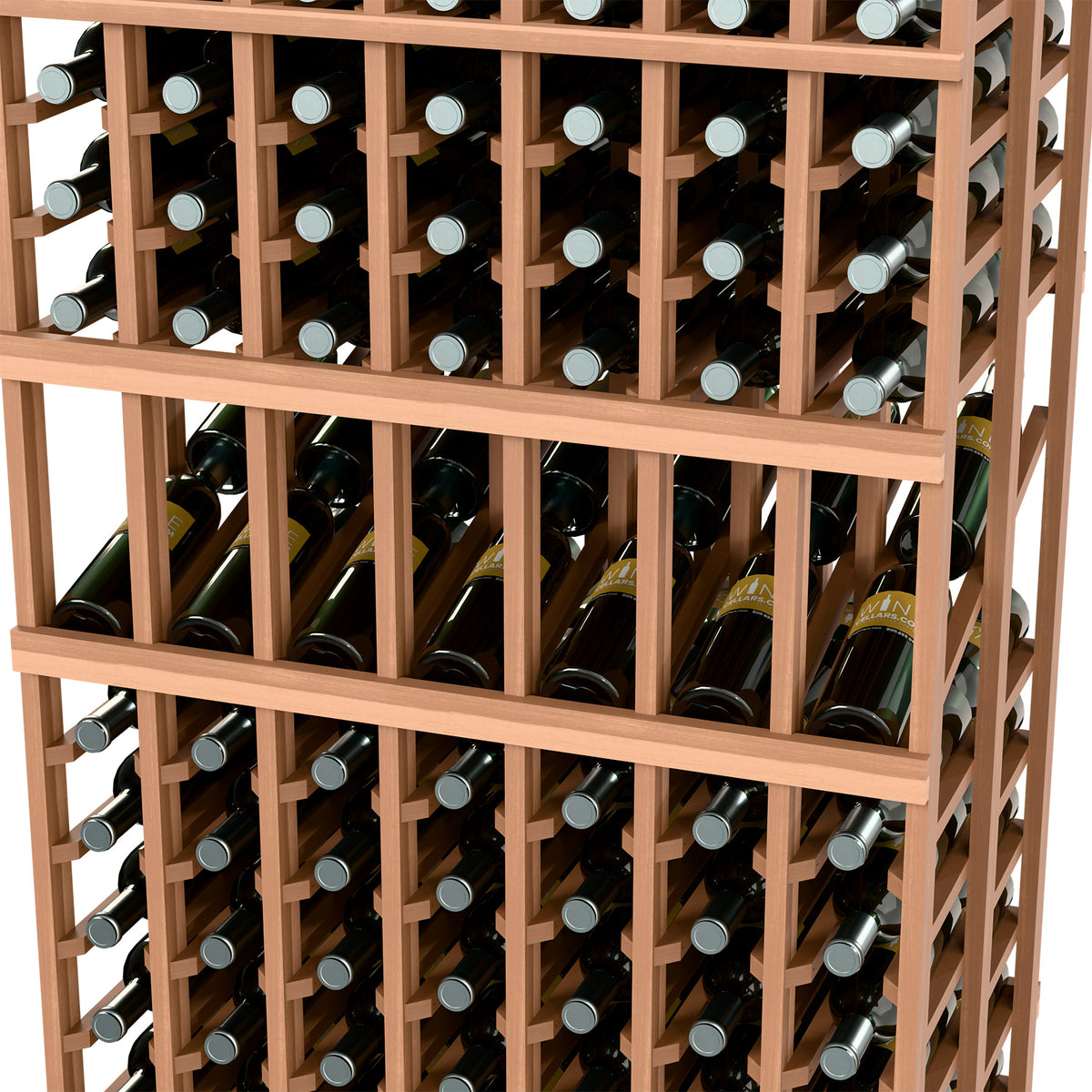 Close-up of light wood wine rack showing multiple rows of bottles in slots