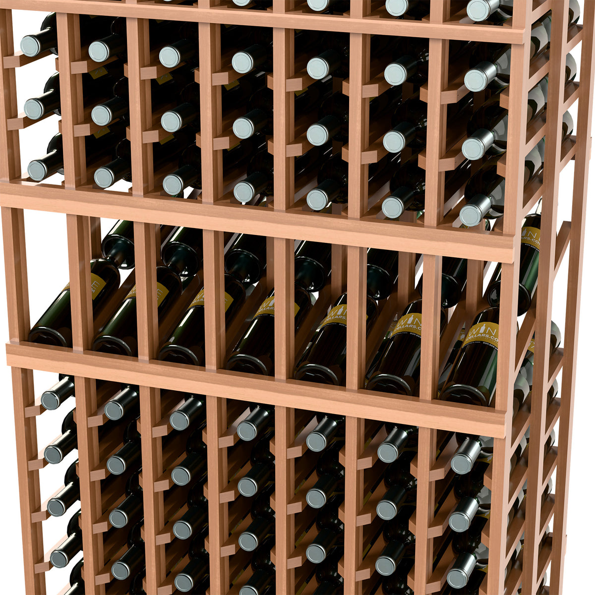 Light wood wine rack close-up with bottle neck holders and double-deep rows