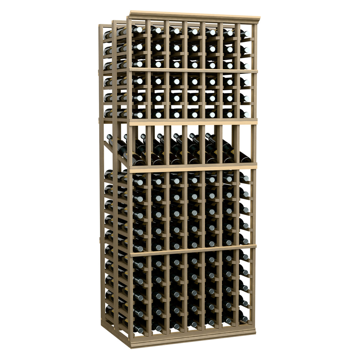 Light wood wine bottle display rack with 7 columns and double-deep slots