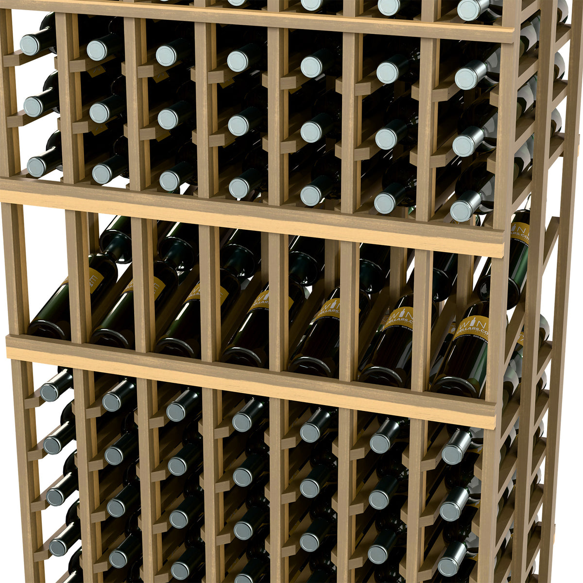 Light wood wine rack detail showing bottle holders in double-deep grid