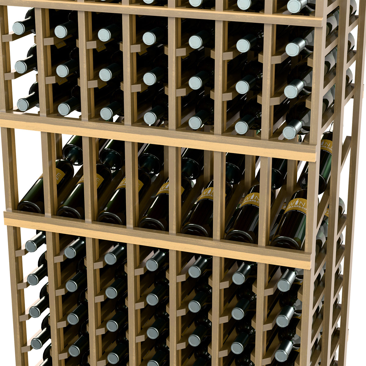 Light wood wine rack close-up with circular bottle holders on double-deep tiers