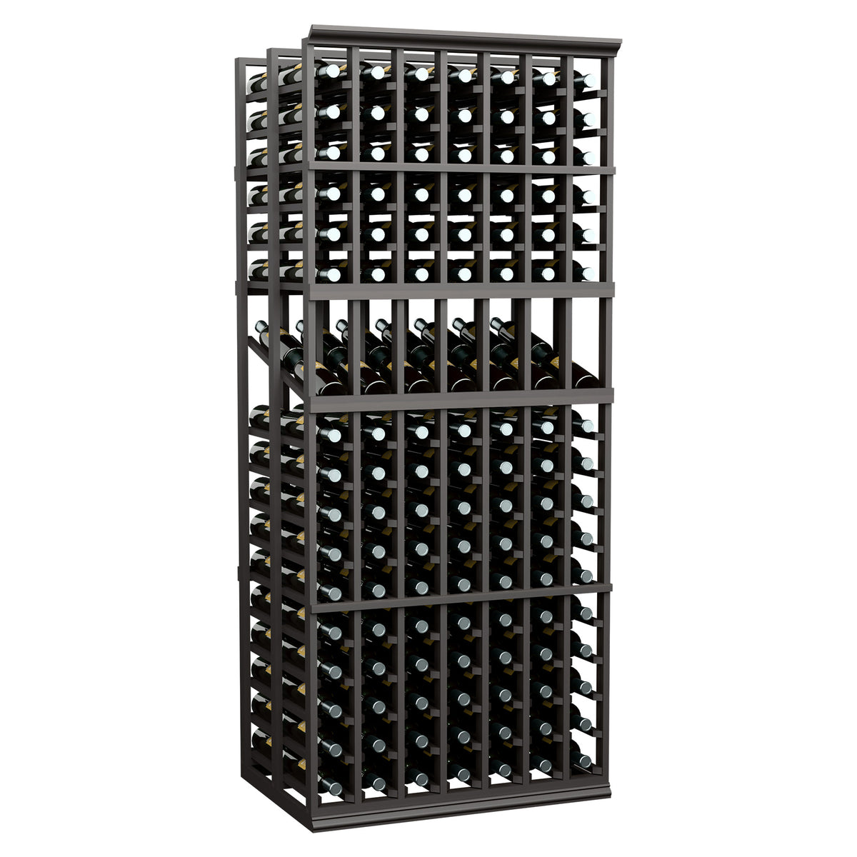 Dark wood wine bottle display rack with 7 columns and double-deep slots