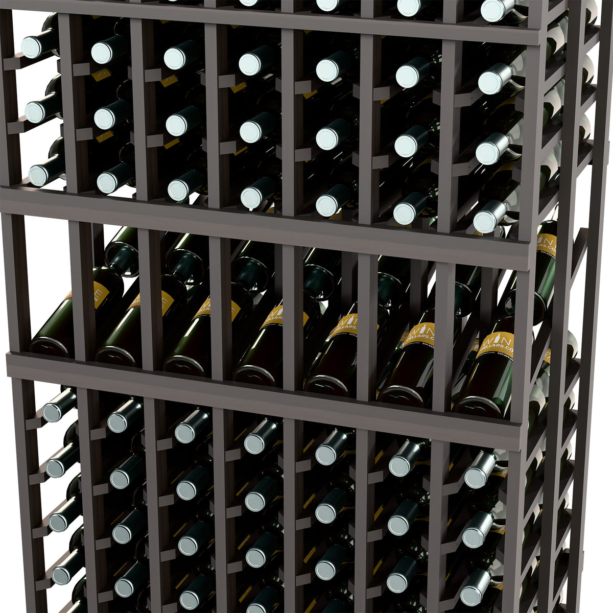 Dark wood wine rack detail with bottle neck holders in a double-deep layout