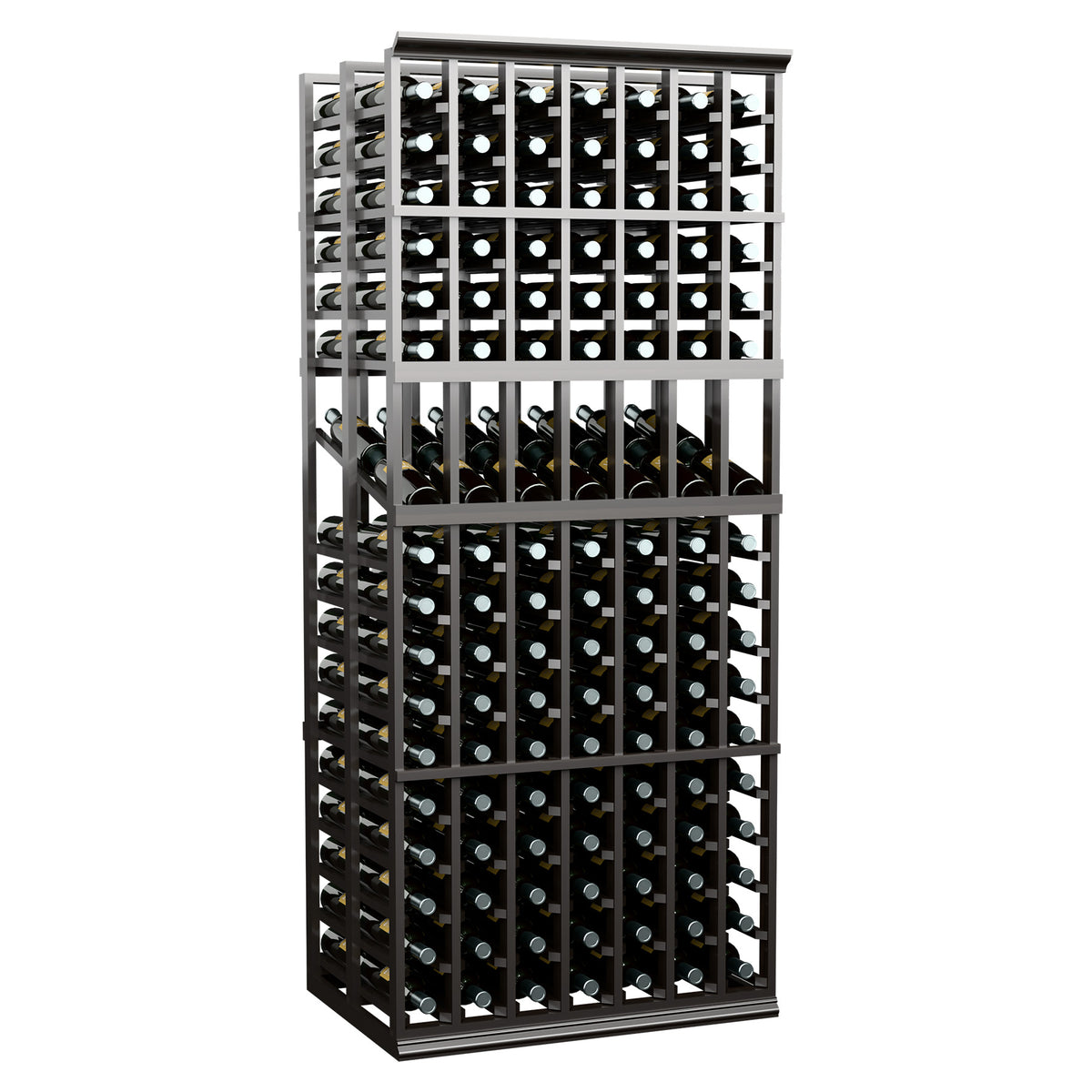 Dark wood wine bottle rack, 7 columns, double-deep open slots