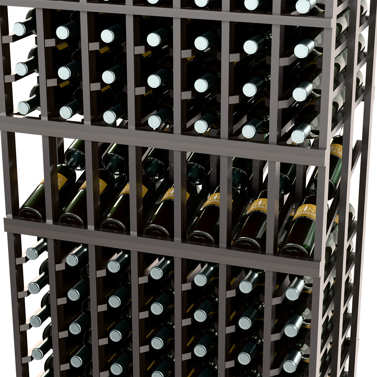 Dark wood wine rack close-up with double-deep rows of bottle holders