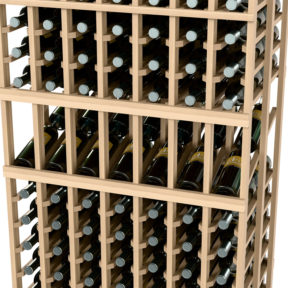 Close-up of wine bottles in a light wood 7-column double-deep display rack