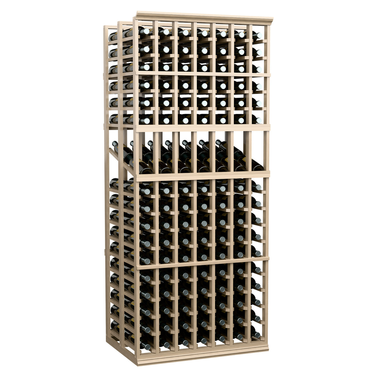 Dark-stained 7-column double-deep wine display rack with front bottle grid