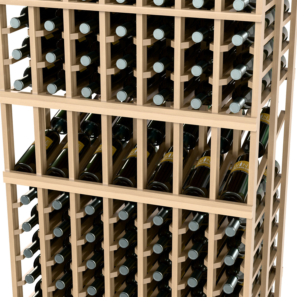 Wine bottles arranged in rows inside a light wood 7-column double-deep display rack