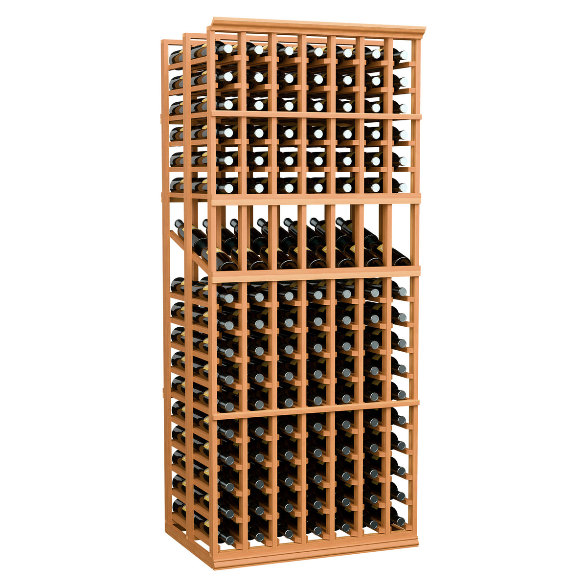 Honey-toned wooden 7-column double-deep wine display rack with bottles in grid