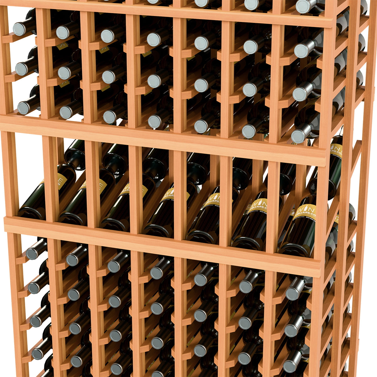 Close-up of wine bottles and bottle necks in a honey wood 7-column rack