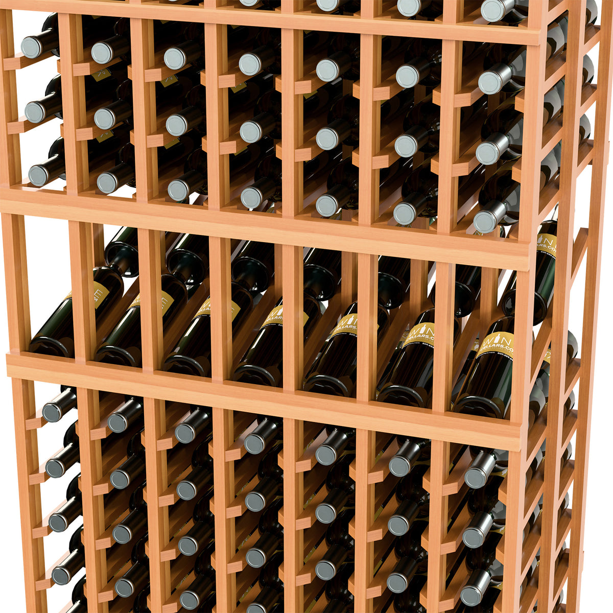 Wine bottles stored in a honey wood 7-column double-deep display rack grid