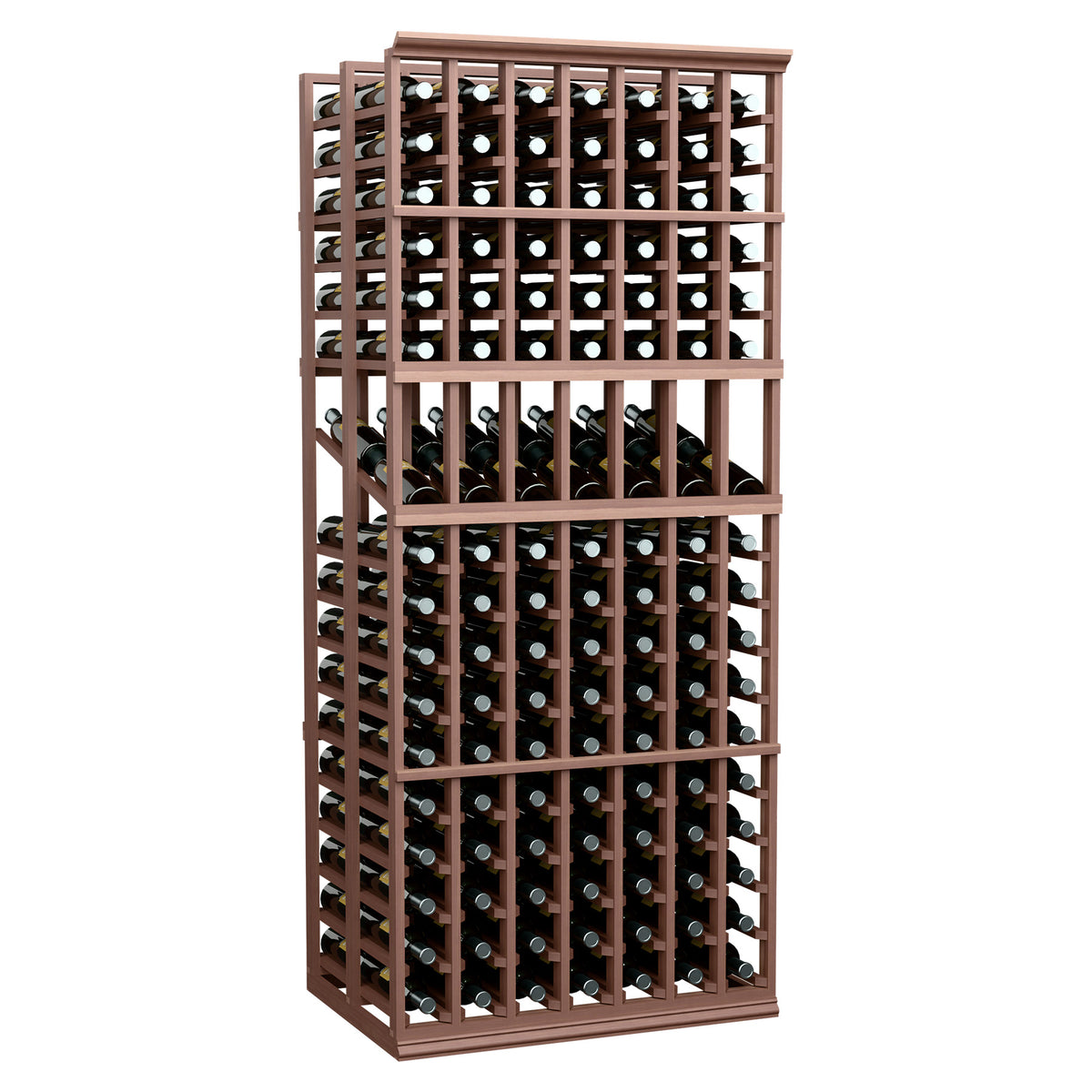 Espresso-colored wooden wine display rack with 7 columns and double-deep bottle storage