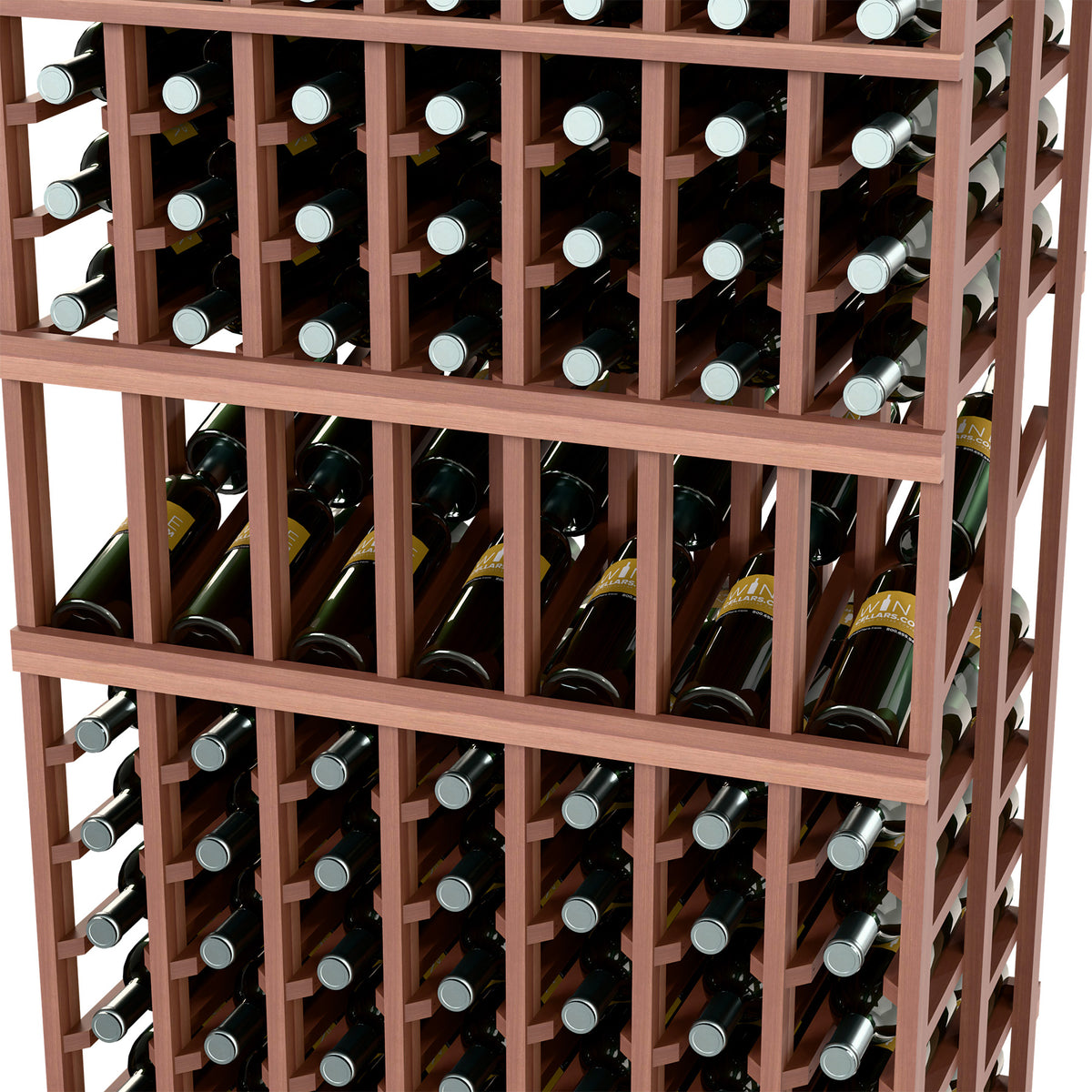 Close-up of wine bottles in an espresso-toned 7-column double-deep display rack