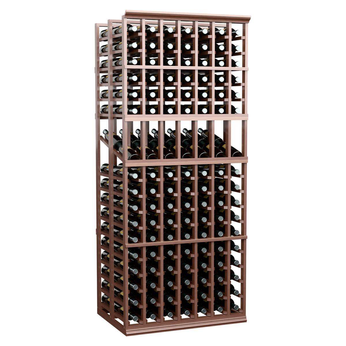 Dark brown 7-column double-deep wine display rack with front bottle slots