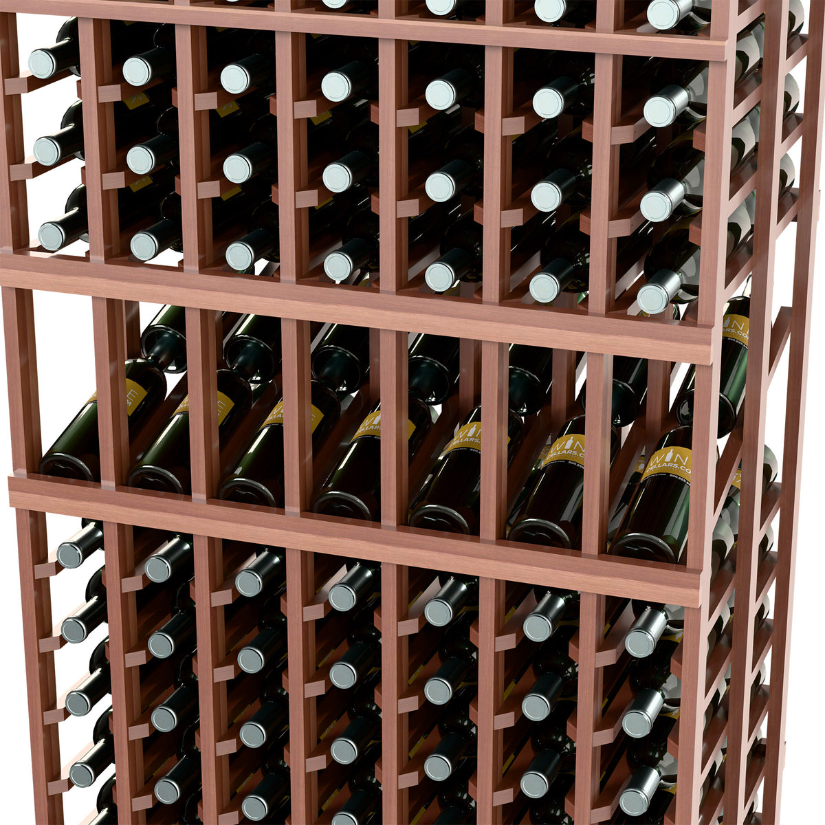 Dark brown wine display rack close-up with bottle slots and metal-style support rails