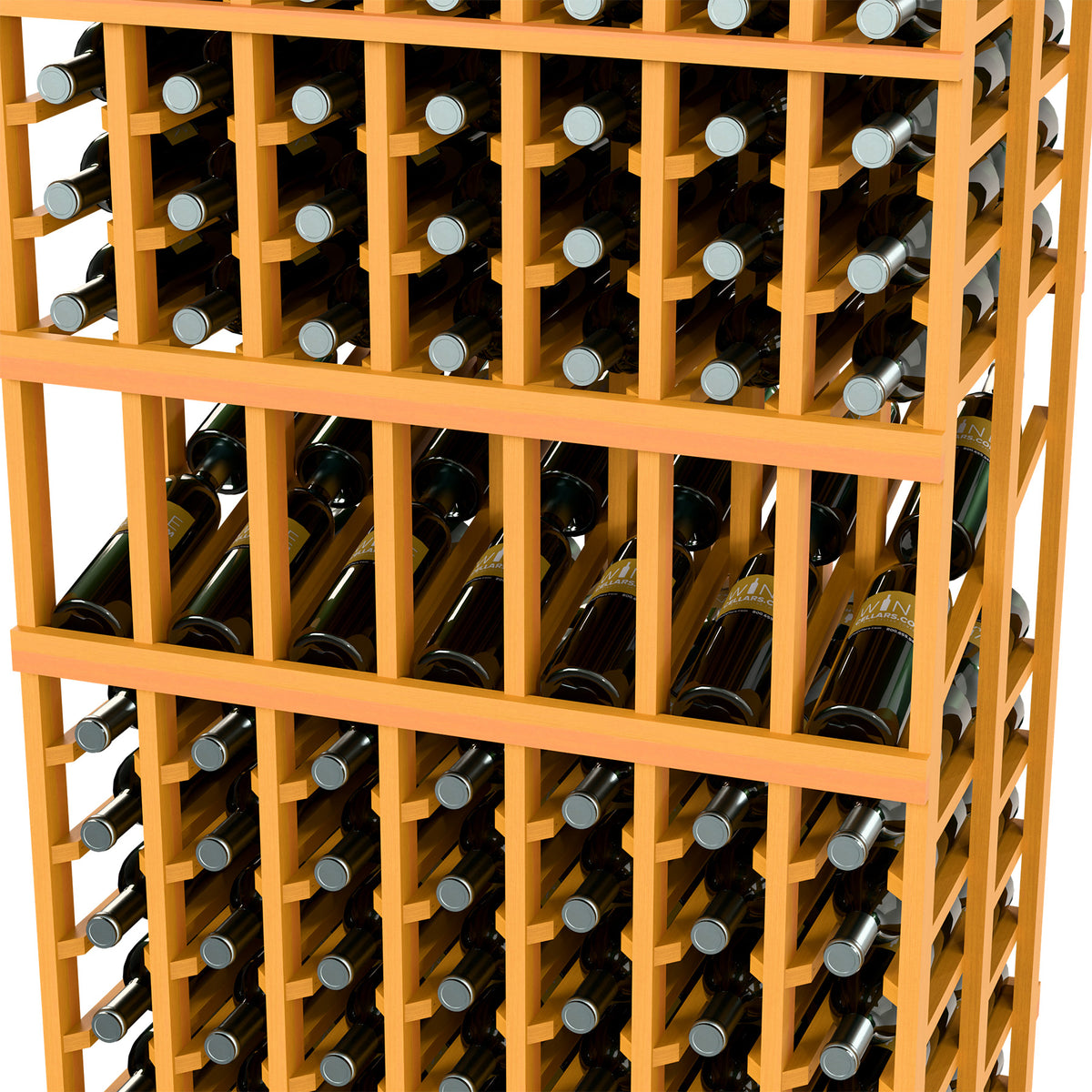 Light wood wine display rack close-up with bottle slots and crossbar dividers