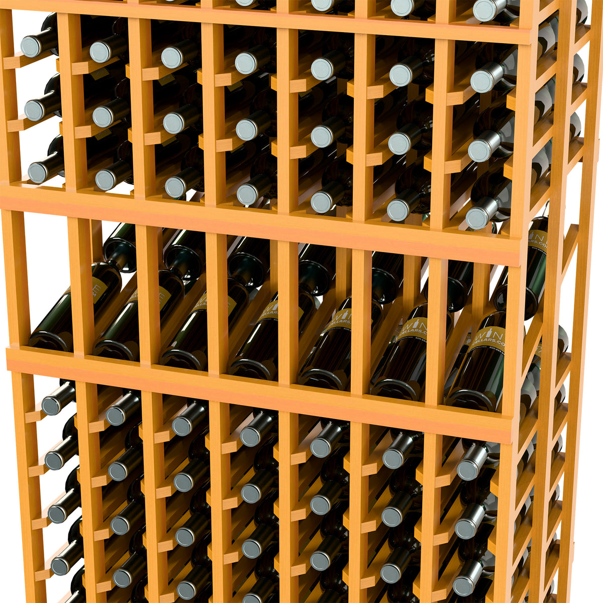 Light wood wine display rack close-up with front bottle slots and divider rails