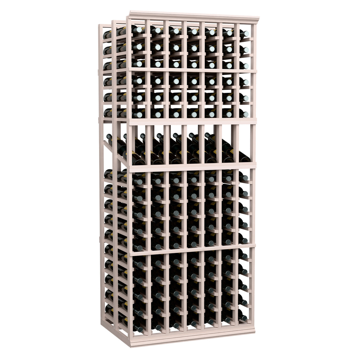 Dark brown 7-column double-deep wine display rack with front bottle slots