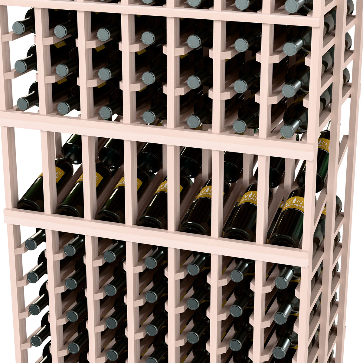 Light wood wine display rack close-up with bottle slots and front row bottles