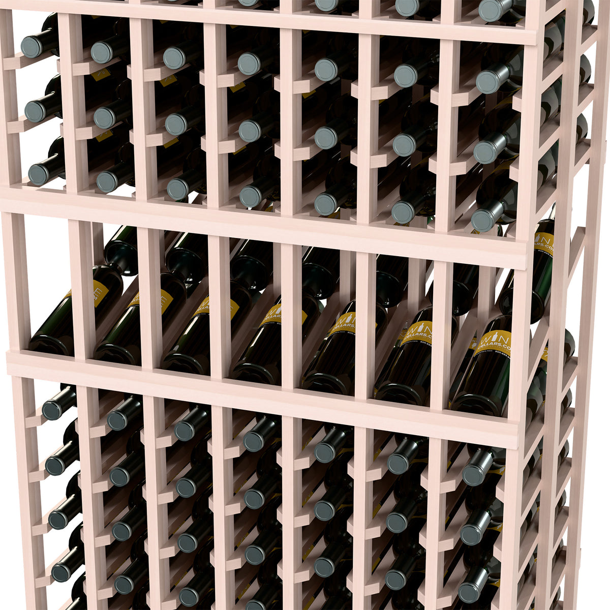 Light wood wine display rack close-up with bottle slots and crossbar dividers