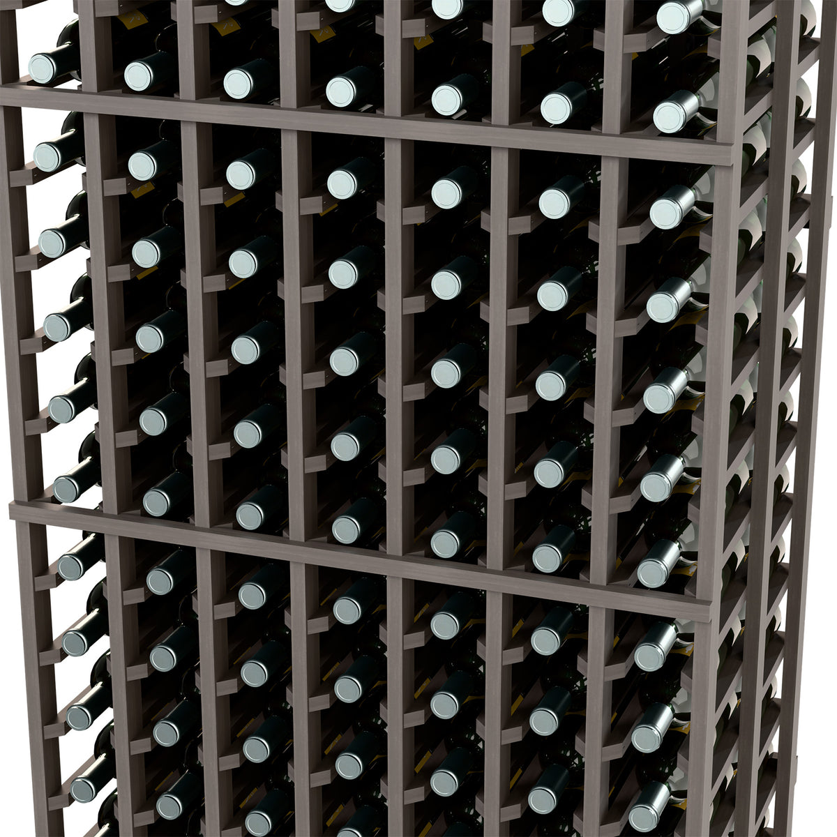 Black 7-column double-deep wine bottle rack with bottle necks and caps visible