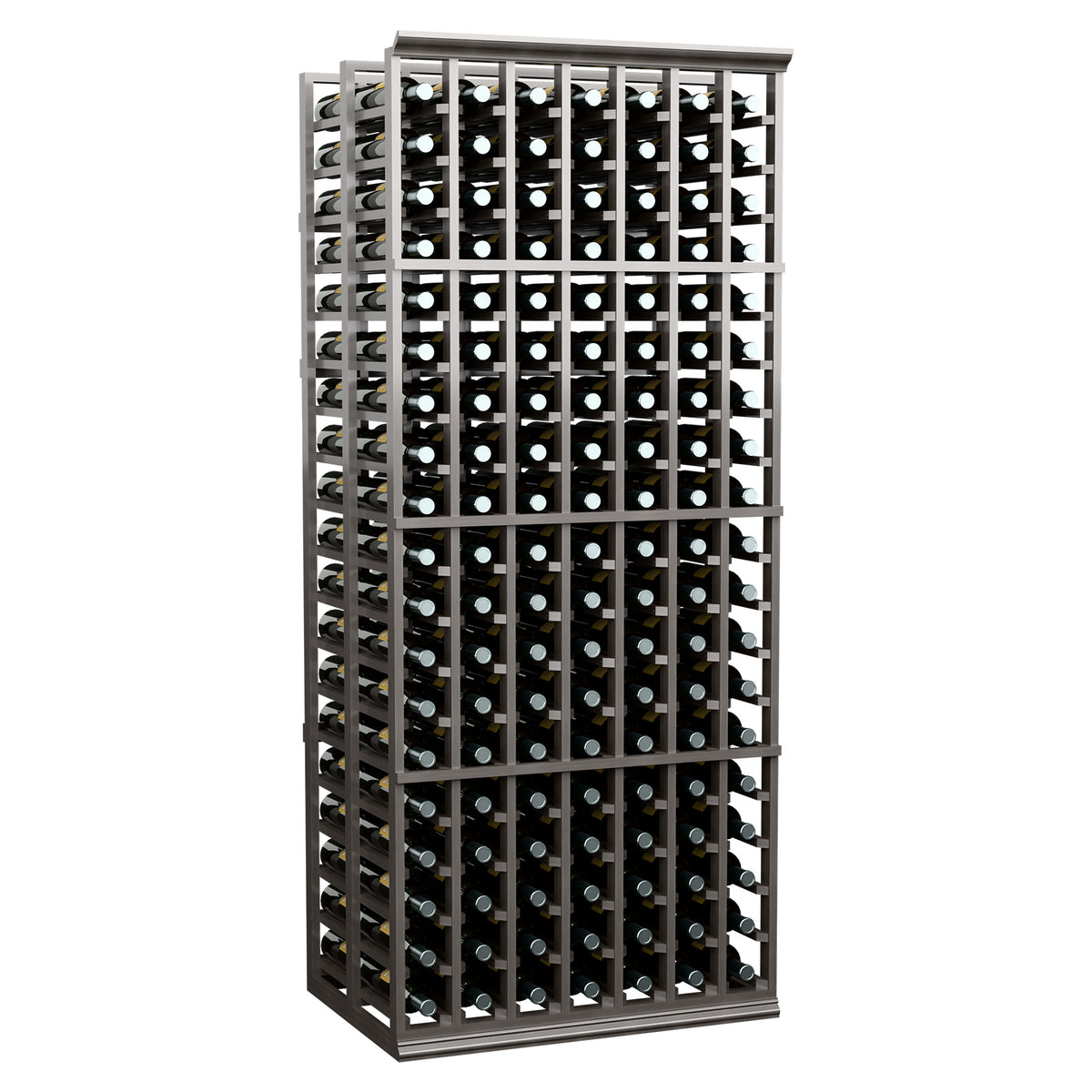Black 7-column double-deep wine bottle rack holding bottles, angled perspective