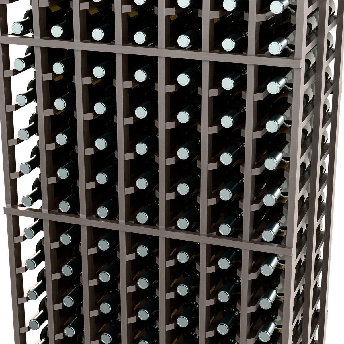 Black 7-column double-deep wine bottle rack close-up of bottle rows