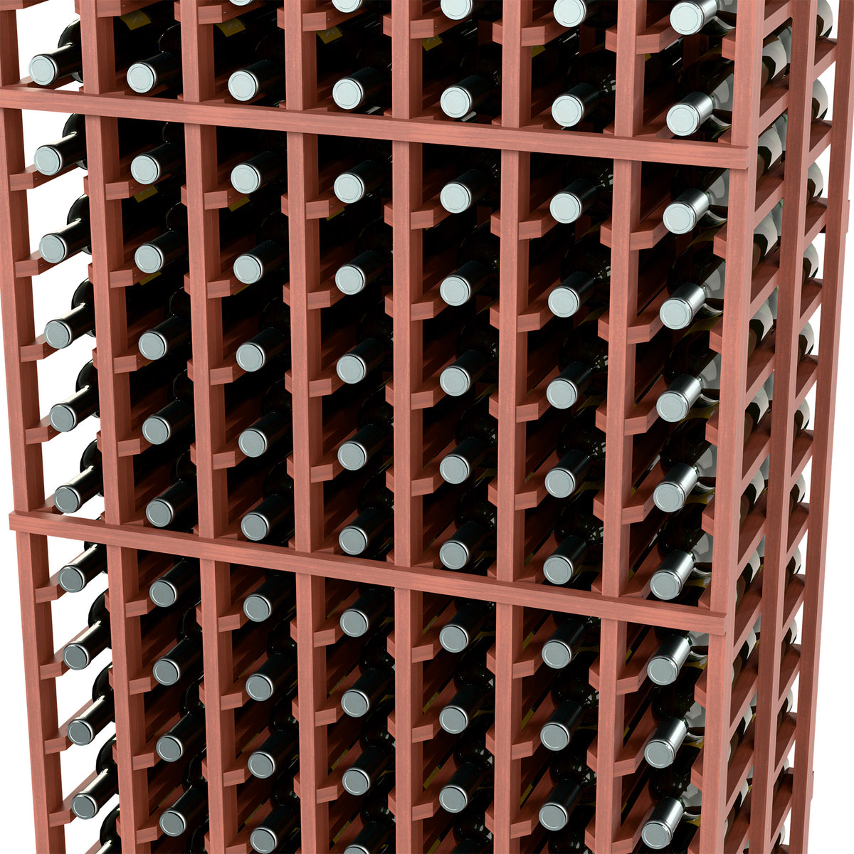 Red-brown 7-column double-deep wine bottle rack with bottle rows and metal caps