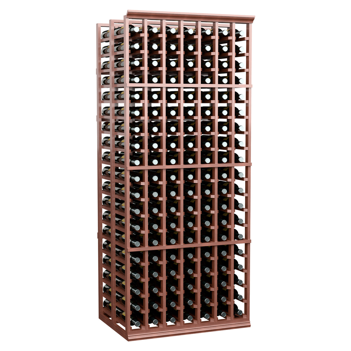 Red-brown 7-column double-deep wine bottle rack holding bottles, angled perspective