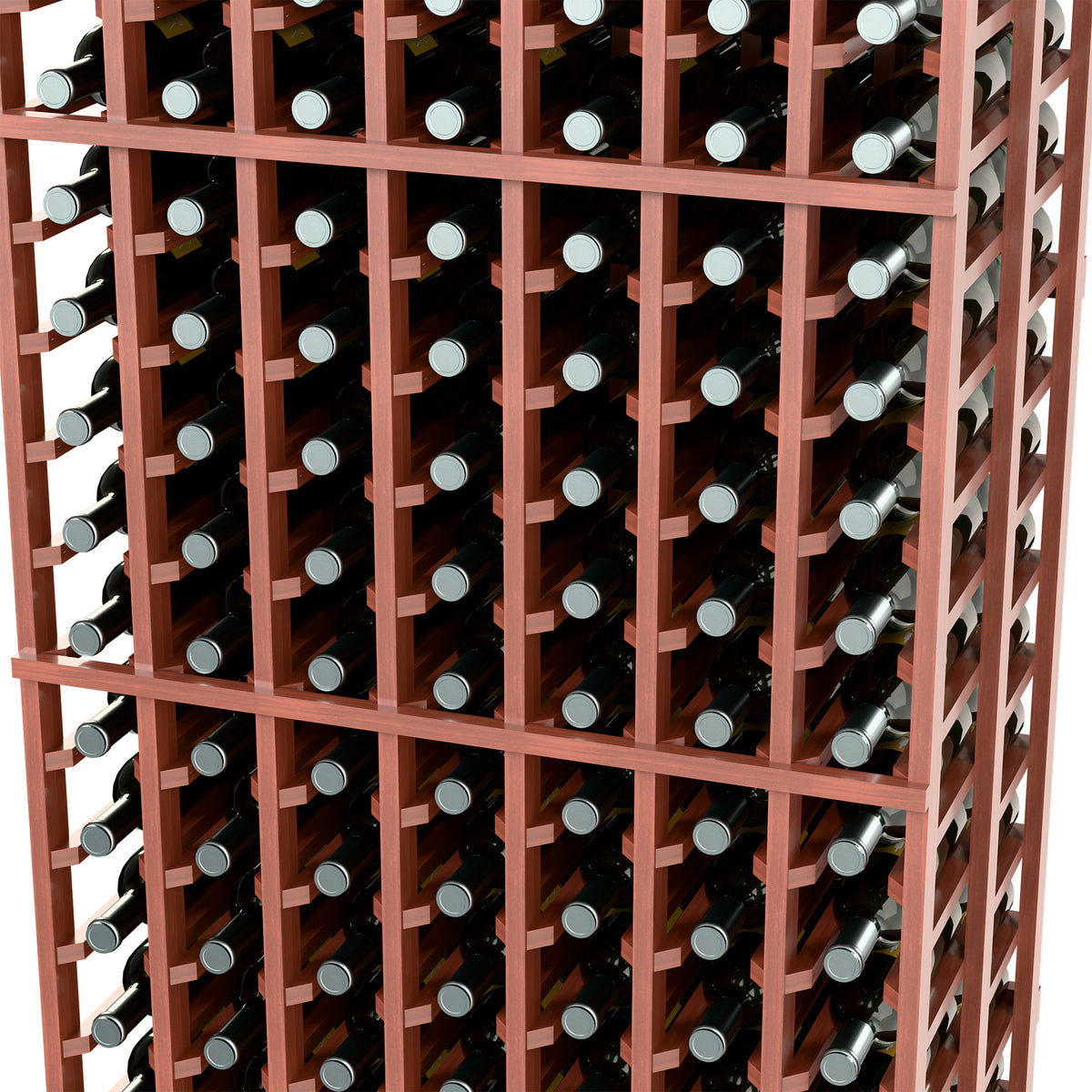Red-brown 7-column double-deep wine bottle rack close-up of bottle rows