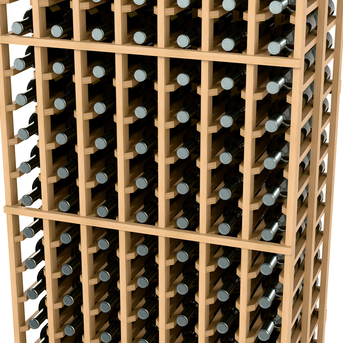 Light wood 7-column double-deep wine bottle rack close-up of bottle rows