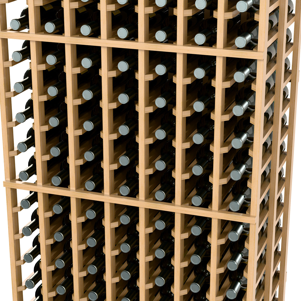 Light wood wine bottle rack with multiple rows of bottles in a 7-column grid