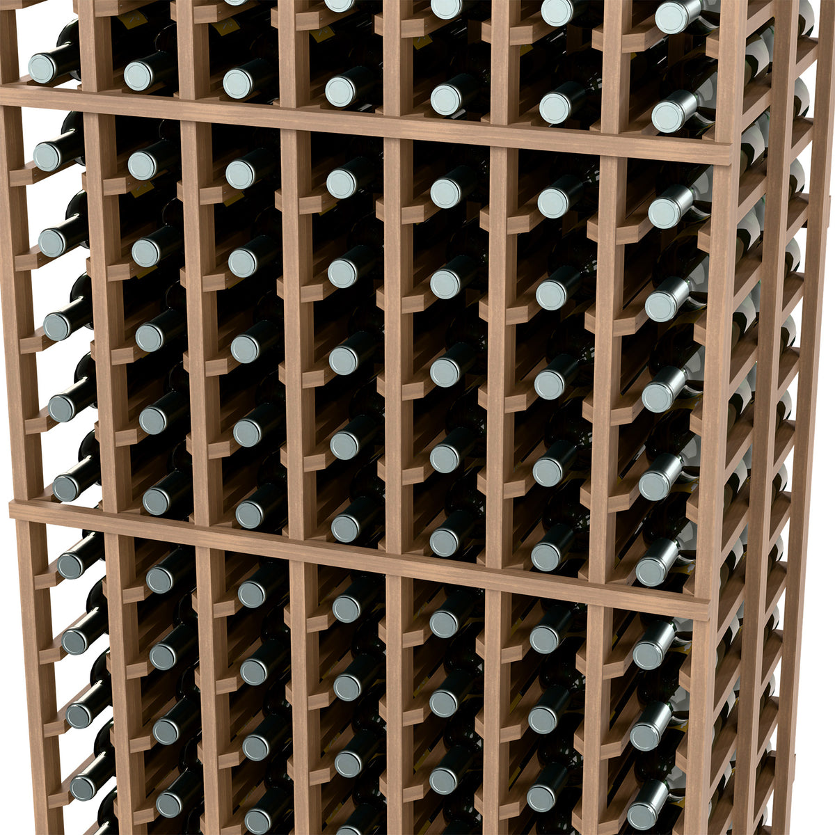 Light wood wine bottle rack close-up with bottle rows across the 7-column frame
