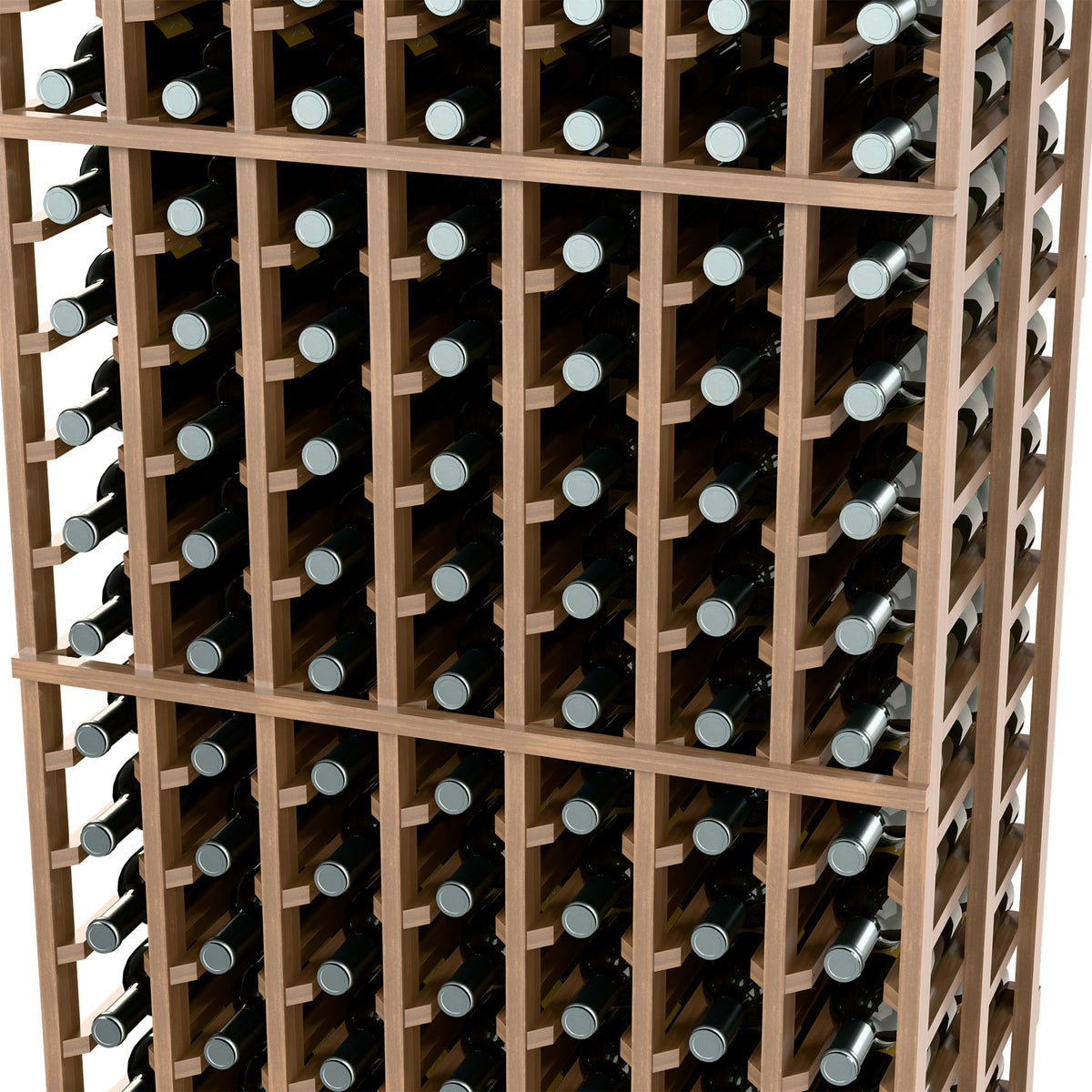 Light wood wine bottle rack close-up with bottle tops visible in 7 columns