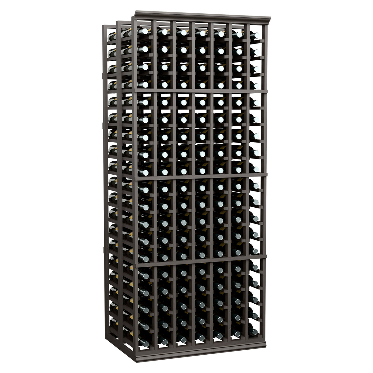 Dark wood wine bottle rack, double-deep 7-column design with bottles in rows