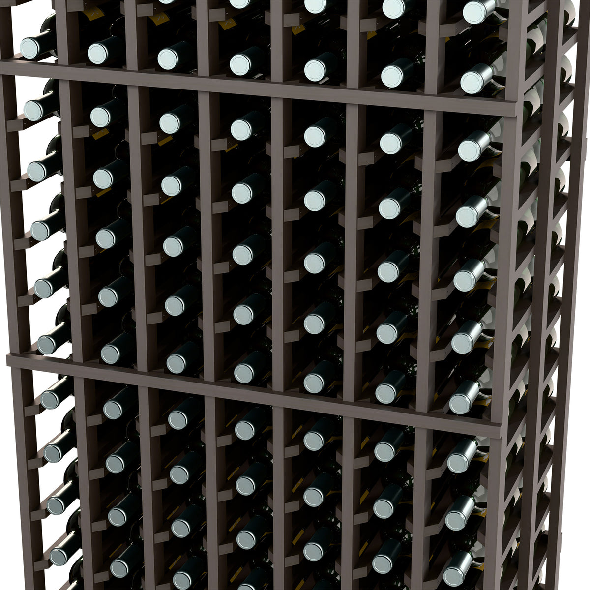 Dark wood wine bottle rack close-up with bottles displayed in a 7-column grid