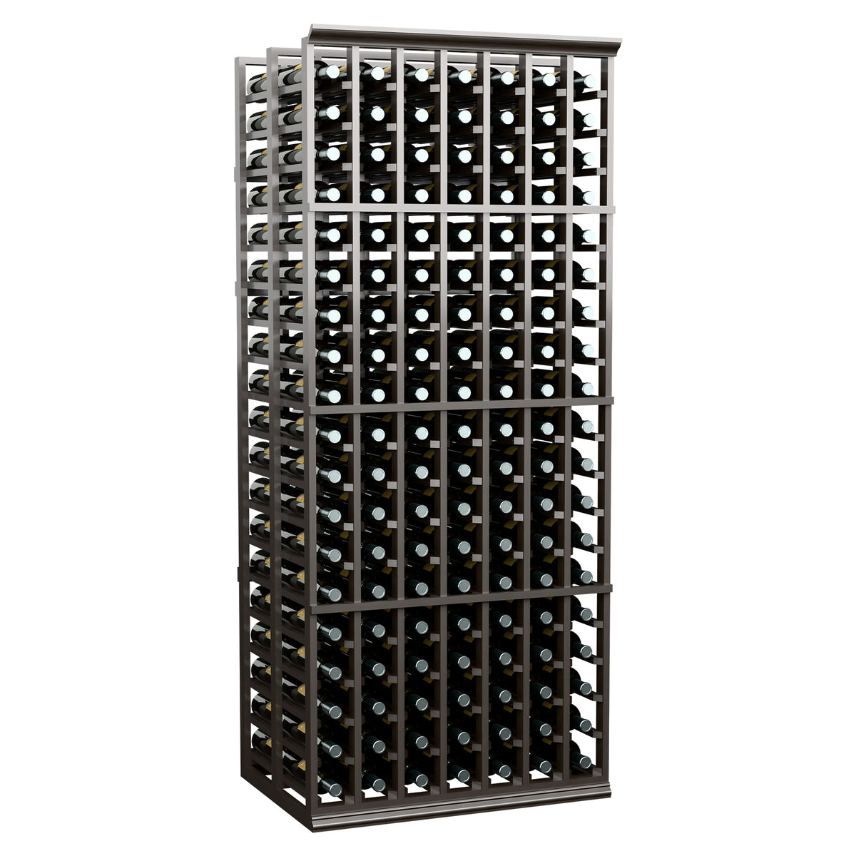 Dark wood wine bottle rack showing 7-column front grid and bottles in place