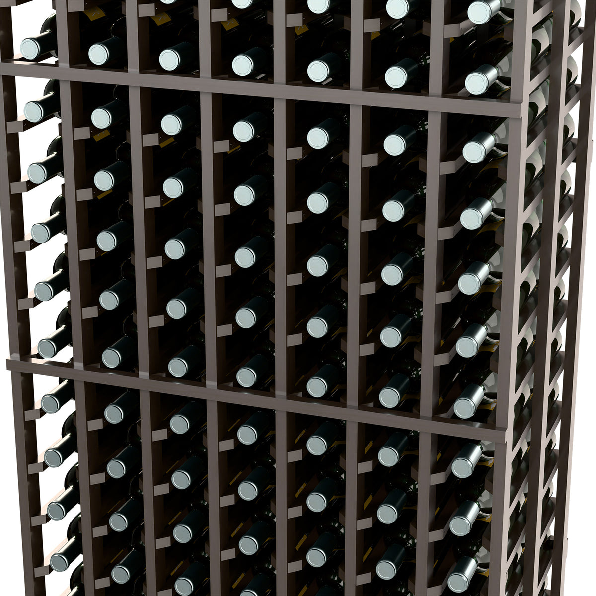 Dark wood wine bottle rack close-up with bottle necks and 7-column frame