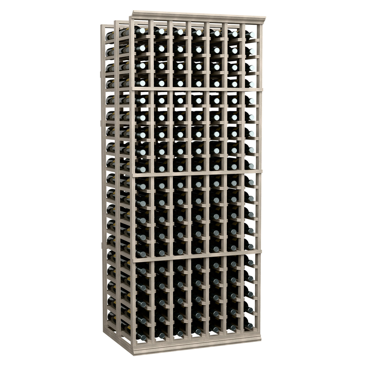Gray 7-column double deep wine rack holding multiple bottles in vertical rows