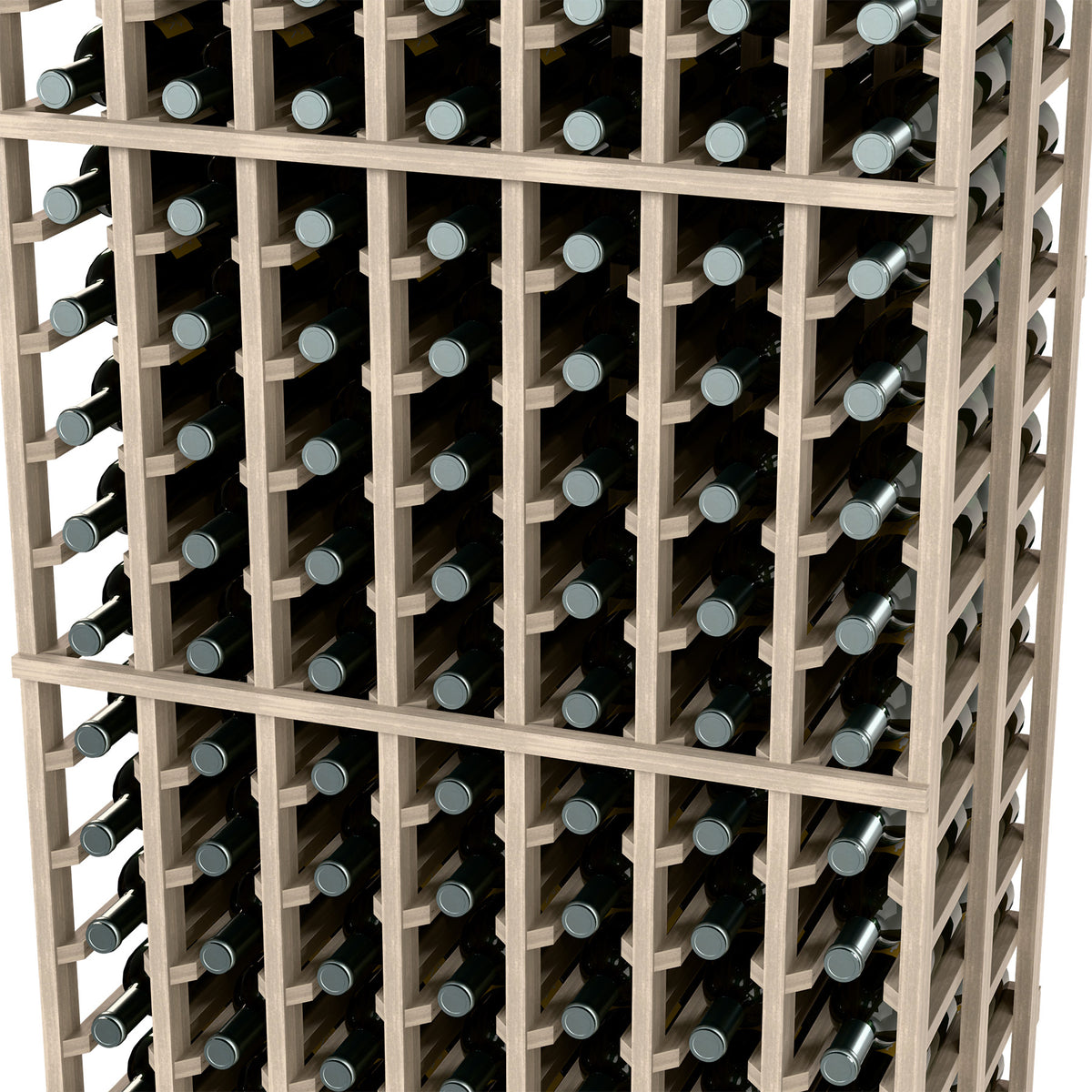 Close-up of gray 7-column double deep wine rack with bottle necks and caps