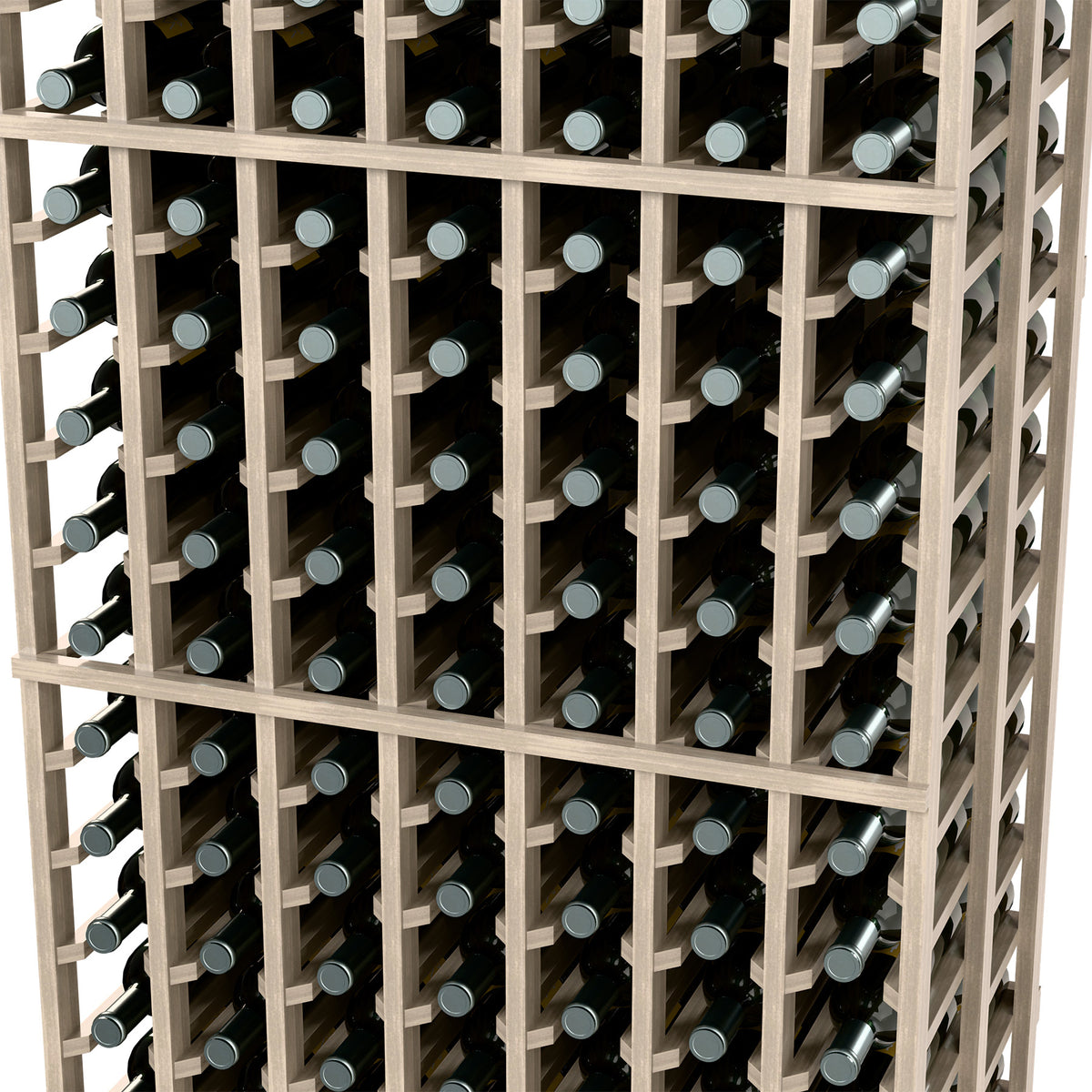 Close-up view of gray double deep wine rack with bottles in grid compartments